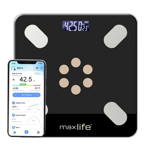 MaxLife Smart Body Fat Scale – Bluetooth Digital Bathroom Scale with OKOK App, Body Composition Analyzer, 400 lbs Capacity, High-Precision, Large LCD Display - 12" Black