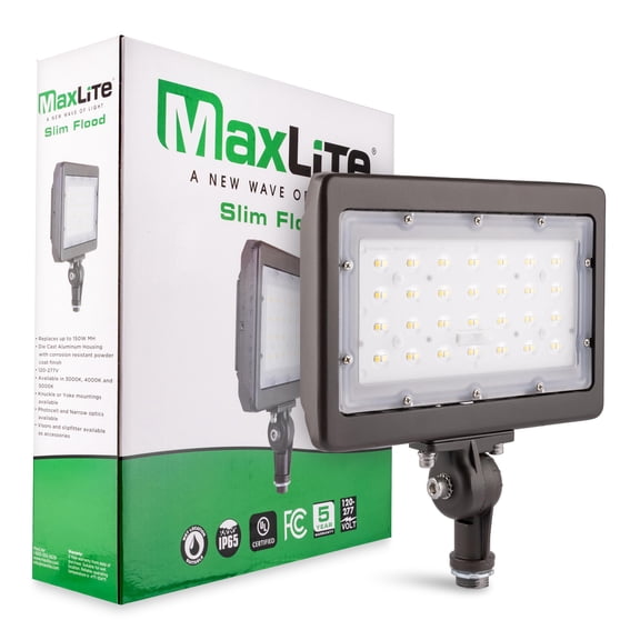 MaxLite MSF50UW-50BKT 50W Slim Flood Light Outdoor Lights, Bronze Finish, Aluminum Housing - 1/2 Inch Knuckle Threaded, 5000K, 6,700lm max, CRI 80, IP65 Rating CA2