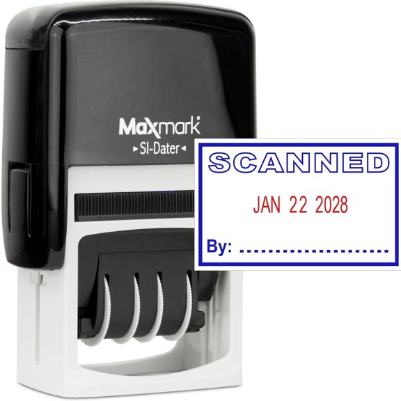 MaxMark Office Date Stamp with SCANNED Self Inking Date Stamp - BLUE/RED ink