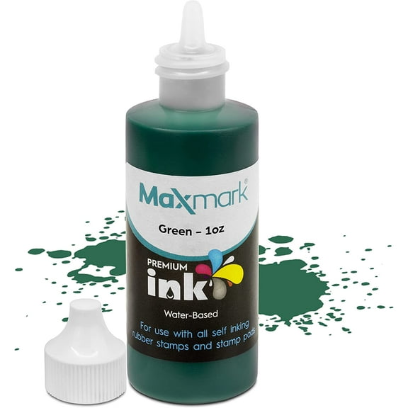 MaxMark Premium Refill Ink for self inking stamps and stamp pads - Green Color - 1 oz.