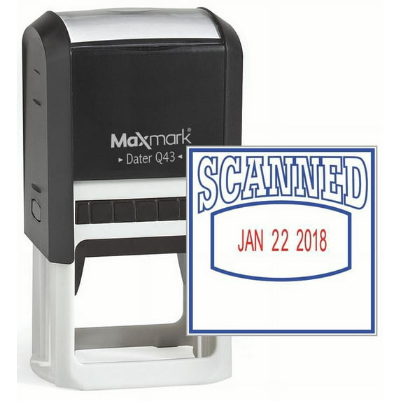 MaxMark Q43 (Large Size) Date Stamp with "SCANNED" Self Inking Stamp - 2 Color Blue/Red Ink