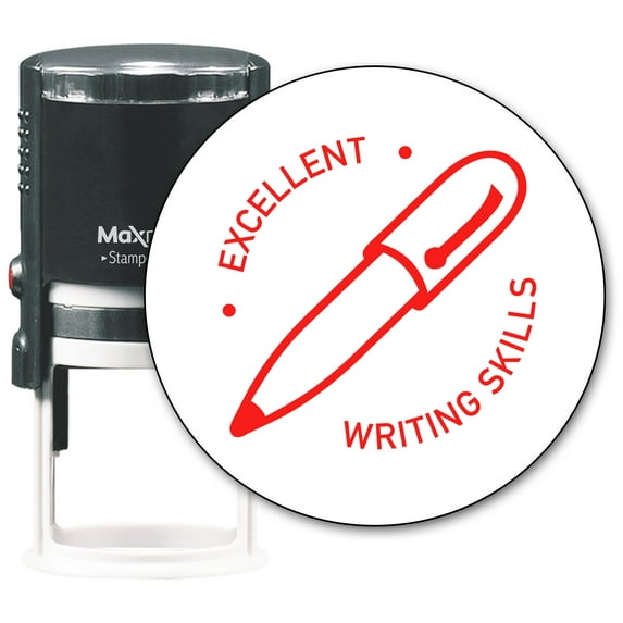 MaxMark Round Teacher Self Inking Stamp - EXCELLENT WRITING SKILLS - Jumbo Series, Style TS312 with Red Ink