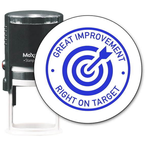 MaxMark Round Teacher Self Inking Stamp - GREAT IMPROVEMENT - RIGHT ON TARGET - Jumbo Series, Style TS310 with Blue Ink
