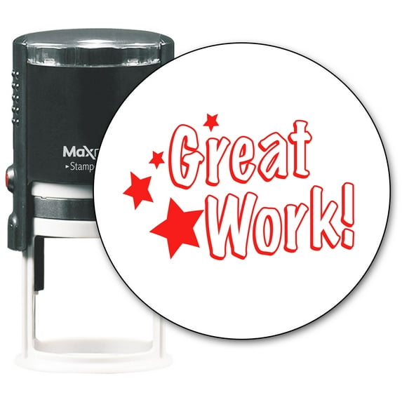 MaxMark Round Teacher Self Inking Stamp - Great Work! - Jumbo Series, Style TS314 with Red Ink