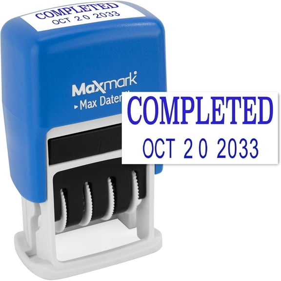 MaxMark Self-Inking Rubber Date Office Stamp with COMPLETED Phrase & Date - BLUE INK (Max Dater II)