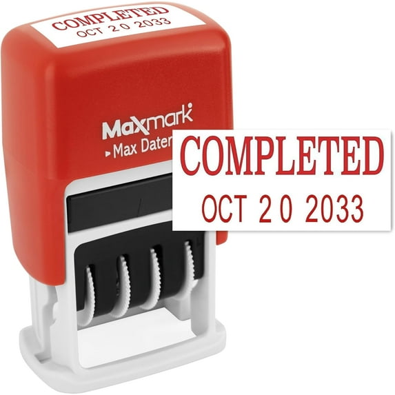 MaxMark Self-Inking Rubber Date Office Stamp with COMPLETED Phrase & Date - RED INK (Max Dater II)