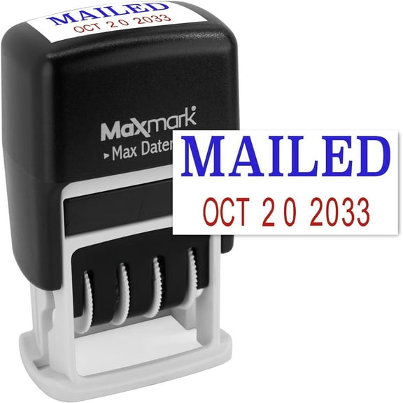 MaxMark Self-Inking Rubber Date Office Stamp with MAILED Phrase BLUE INK & Date RED INK (Max Dater II)