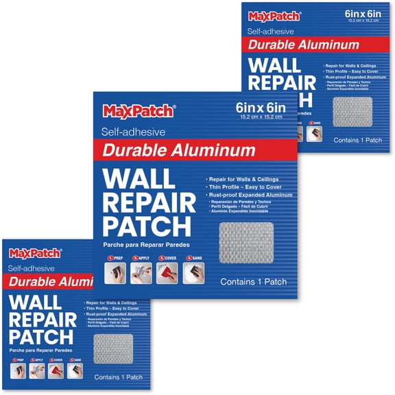 MaxPatch 6 in. x 6 in. Aluminum Self-Adhesive Wall Repair Patch (3-Pack) – Expanded Perforated Rust-Resistant Aluminum with Strong Adhesive Backing for Interior Wall Repairs