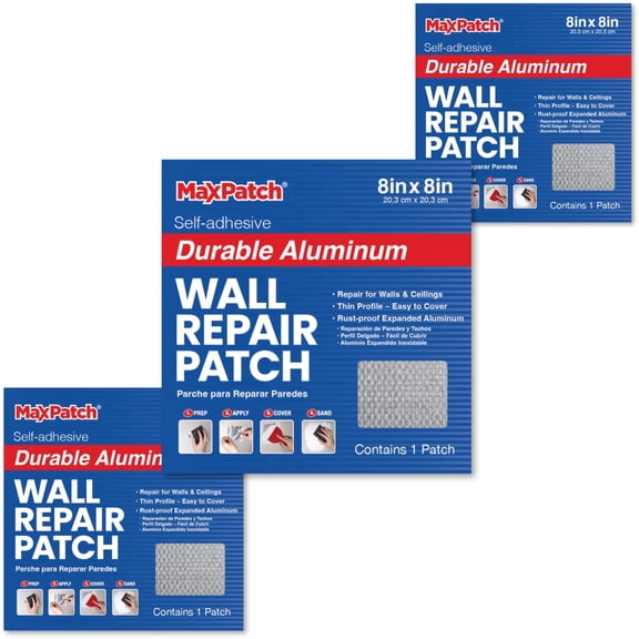 MaxPatch 8 in. x 8 in. Aluminum Self-Adhesive Wall Repair Patch (3-Pack) – Expanded Perforated Rust-Resistant Aluminum with Strong Adhesive Backing for Interior Wall Repairs
