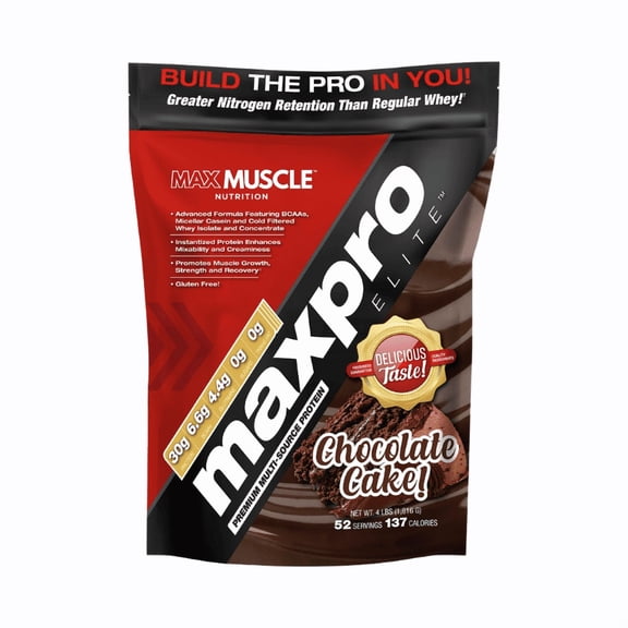 Max Muscle Sports Nutrition MaxPro Elite Whey Protein Powder, 30g Protein, Chocolate Cake, 4 lb