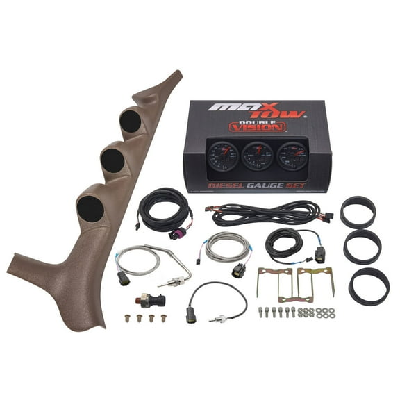 MaxTow | 1992-1997 OBS Ford F-Series 7.3 Powerstroke Tan Triple Gauge Pillar Pod with Black & Green Double Vision Series 60 PSI Boost Gauge, 1500 F EGT Pyrometer & Trans Temp Gauge