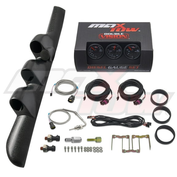 MaxTow | 1998-2002 Dodge Ram Cummins Black Triple Gauge Pillar Pod with Speaker Cutout and Black & Green Double Vision Series 60 PSI Boost Gauge, 1500 F EGT Pyrometer & 30 PSI Fuel Pressure Gauge