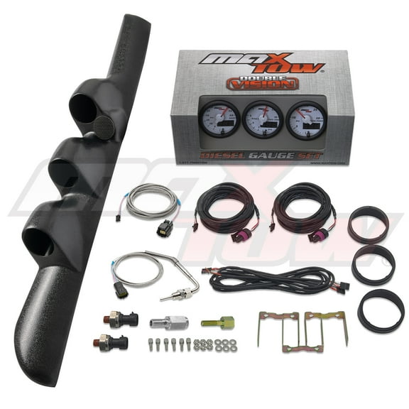 MaxTow | 1998-2002 Dodge Ram Cummins Black Triple Gauge Pillar Pod with Speaker Cutout and White & Green Double Vision Series 60 PSI Boost Gauge, 1500 F EGT Pyrometer & 30 PSI Fuel Pressure Gauge