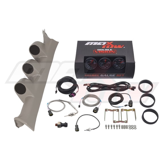 MaxTow | 2008-2010 Ford Super Duty 6.4 Powerstroke Gray Triple Gauge Pillar Pod with Black & Green Double Vision Series 60 PSI Boost Gauge, 1500 F EGT Pyrometer & Trans Temp Gauge