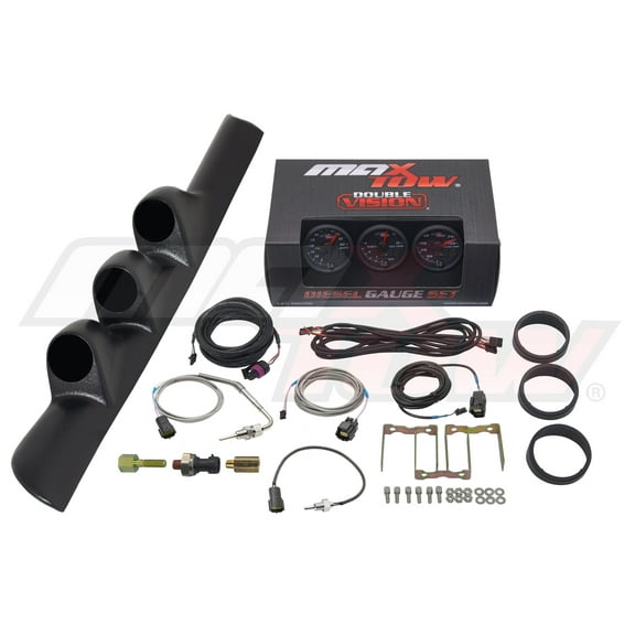 MaxTow | 2nd Gen 1998-2002 Dodge Ram 5.9 Cummins Black Triple Gauge Pillar Pod with Black & Green Double Vision Series 60 PSI Boost Gauge, 1500 F EGT Pyrometer & Trans Temp Gauge