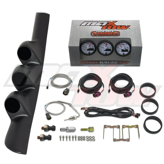 MaxTow | 2nd Gen 1998-2002 Dodge Ram 5.9 Cummins Black Triple Gauge Pillar Pod with White & Green Double Vision Series 60 PSI Boost Gauge, 1500 F EGT Pyrometer & 30 PSI Fuel Pressure Gauge
