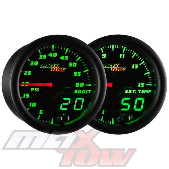 MaxTow | Black & Green Double Vision Series 2 Gauge Diesel Truck Set with 60 PSI Boost Gauge & 1500F EGT Pyrometer Gauge