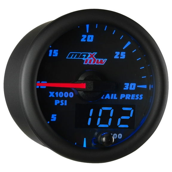 MaxTow | Black & Blue Double Vision Series 30,000 PSI Fuel Rail Pressure Gauge for 2003-2018 Dodge Ram Cummins & 2002-2018 Chevy Silverado or GMC Sierra Duramax
