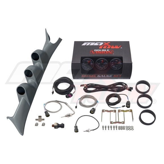 MaxTow | Gray Triple Gauge Pillar Pod for 1999-2007 Ford Super Duty Powerstroke with MaxTow Black & Green Double Vision Series 60 PSI Boost Gauge, 1500 F EGT Pyrometer and Trans Temp Gauge
