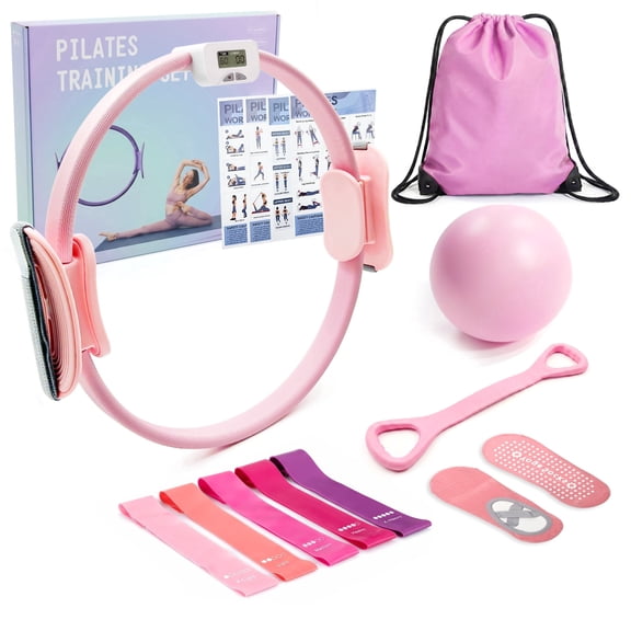 MaxU T3 Counting Pilates Ring Set with Adjustable Straps | Smart Fitness & Yoga Kit for Home Workout, Body Shaping & Core Training - Pinkink