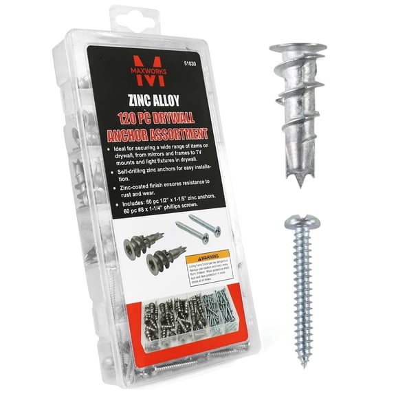 MaxWorks 51030 120 pc Zinc Alloy Drywall Anchor Assortment 1/2" x 1-1/5" Anchor #8 x 1-1/4" Zinc Plated Phillips Screws for Easy Self Drilling Installation Mounting Mirrors Frames Paintings