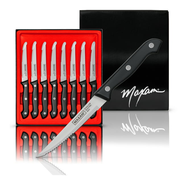 Maxam CTMX8 Steak Knife Set 8 Piece, Silver, Black and Multi-color
