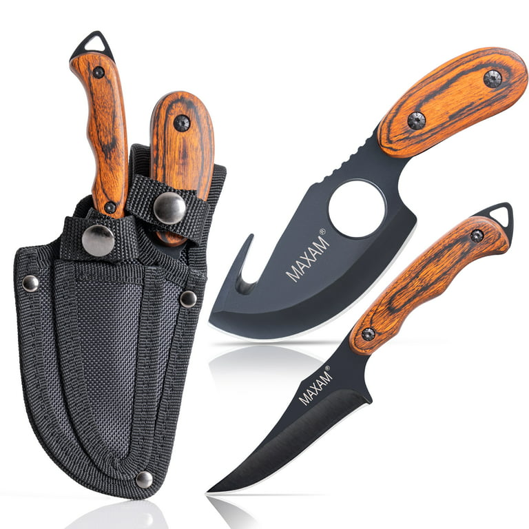 Maxam Fixed Blade Hunting Knife Set - 6 1/2 Inch Skinning Knife & 7 Inch Camping  Knife for Outdoor, Survival & EDC - Classic Wood Handles, Sheath & Black  Coated Stainless Steel Blades - 2-Piece 