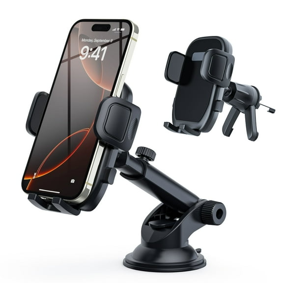 MaxAngel 3-in-1 Car Phone Holder with Military-Grade Suction Cup, Metal Hook Ventilation Clip, 360Rotating Phone Holder for iPhone, Samsung & Android Smartphones,Black
