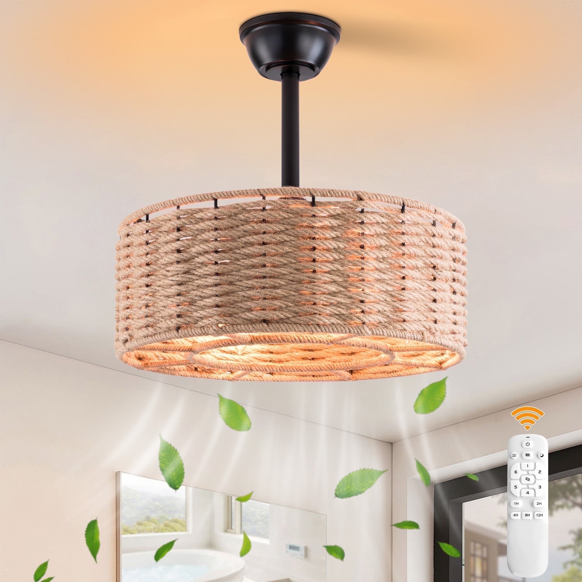 Maxax 19" Boho Caged Ceiling Fan with Light, Rattan Chandelier Ceiling Fan with Lights and Remote Control, 6 Speeds Reversible Timing Fandelier Ceiling Fan with Lights for Bedroom, Living Room