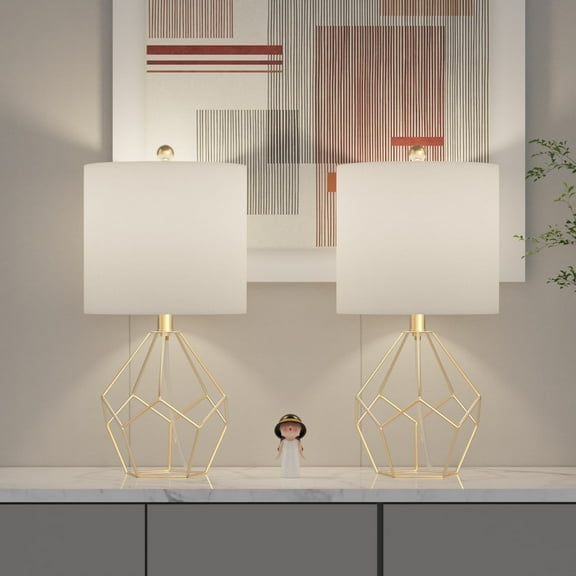 Maxax 19" Gold Hollow Base Bedside Table Lamp Set of 2 with White Fabric Drum Shade for Bedroom Living Room