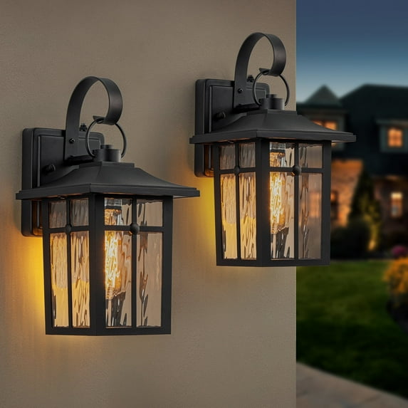 Maxax 2 Pack Dusk to Dawn Outdoor Wall Lights, Exterior Light Fixtures Wall Mount with Ripple Glass, Waterproof Black Porch Lights, Outside Wall Lantern for Entryway, Garage, Patio
