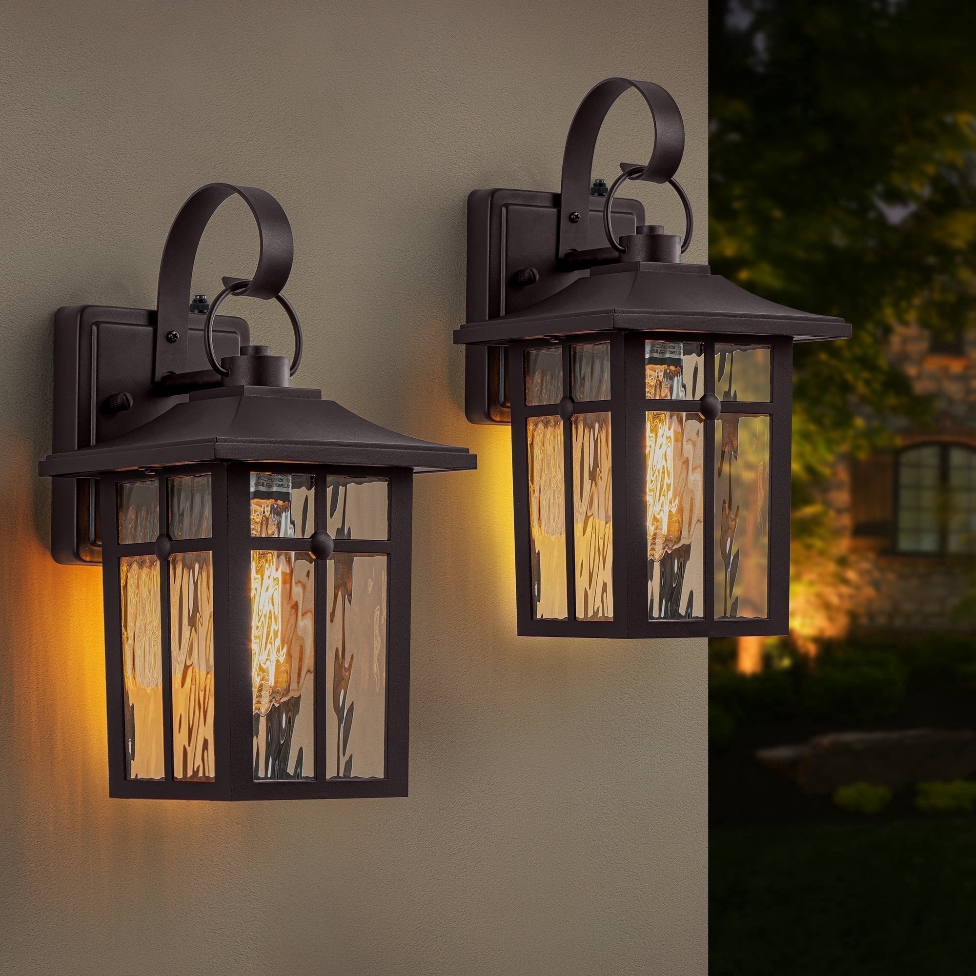 Maxax 2-Pack Dusk-to-Dawn Outdoor Wall Lights, Waterproof Brown Exterior Wall-Mount Fixtures with Ripple Glass, Porch Lanterns for Entryway, Garage, and Patio