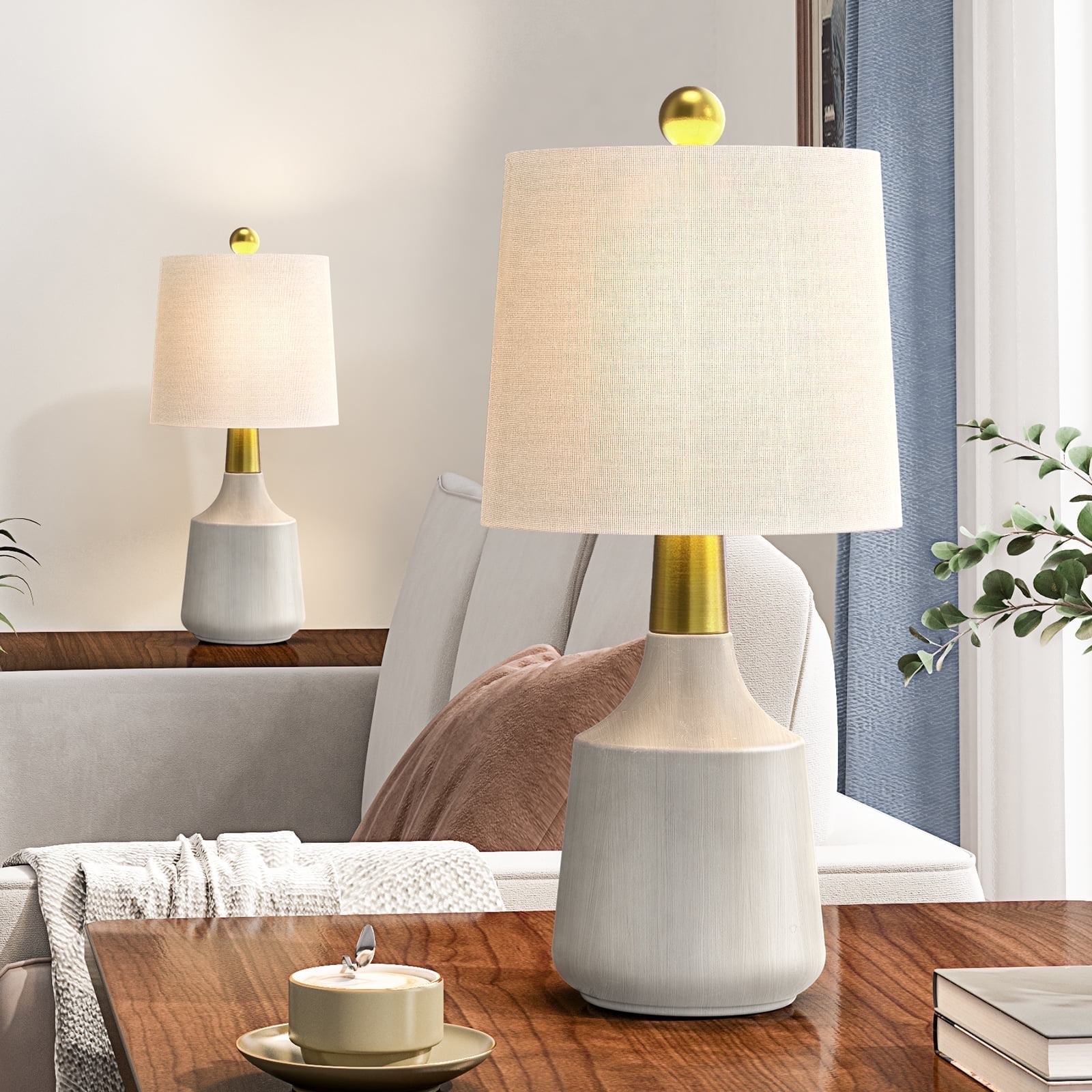 Beige Ceramic and Brass Table Lamp Set with Linen Shade