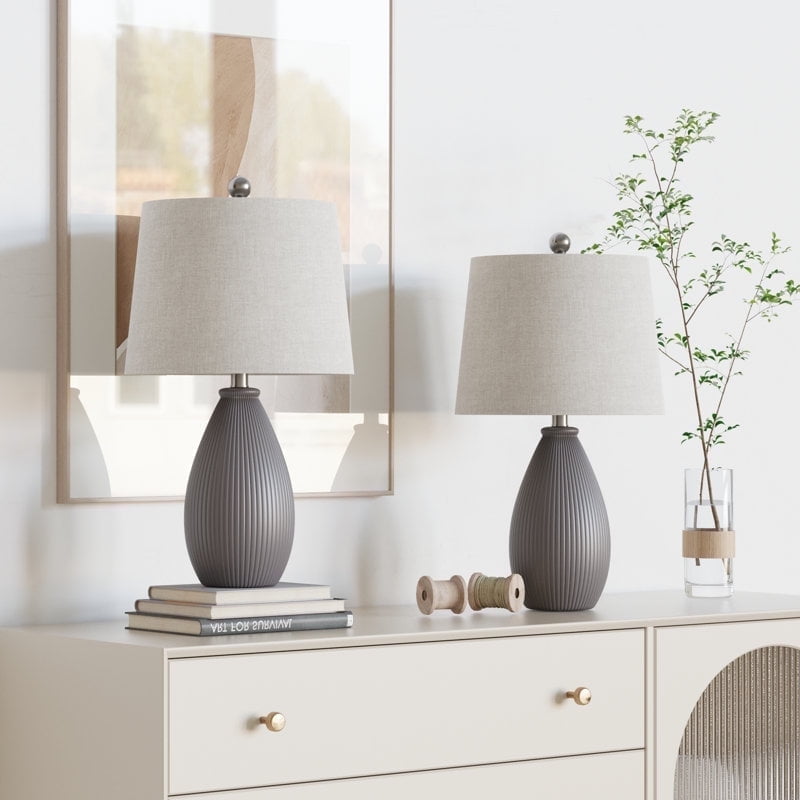 Gray Ceramic Table Lamp Set with Oatmeal Shades