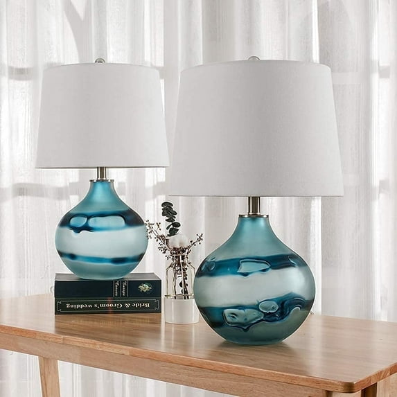 Maxax 22" Coastal Table Lamp Set of 2,Blue Glass Bedside Nightstand Lamps with White Drum Shade for Living Room Bedroom