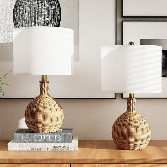 Maxax 22" Coastal Boho Rattan Table Lamps Set of 2, Natural Woven Bedside Lamps with White Shades for Living Room, Bedroom, or Entryway Decor