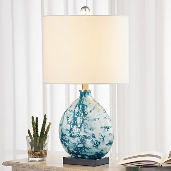 Maxax 23" Coastal Table Lamp,3-Way Dimmable Blue Glass Bedside Lamp with White Drum Shade for Living Room Bedroom