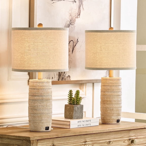 Maxax 23" Farmhouse Table Lamps Set of 2 - Rustic Bedside Lamp with USB Ports, 3-Way Dimmable Nightstand Lamp, Oat Resin Desk Lamp with Oat Shade for Living Room, Bedroom