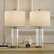 Maxax 23" Modern Glass Table Lamps Set of 2, 3-Way Dimmable Bedside Nightstand Lamps with Clear Bubble Glass, Gold End Table Lamps with White Fabric Shade for Living Room Bedrooms