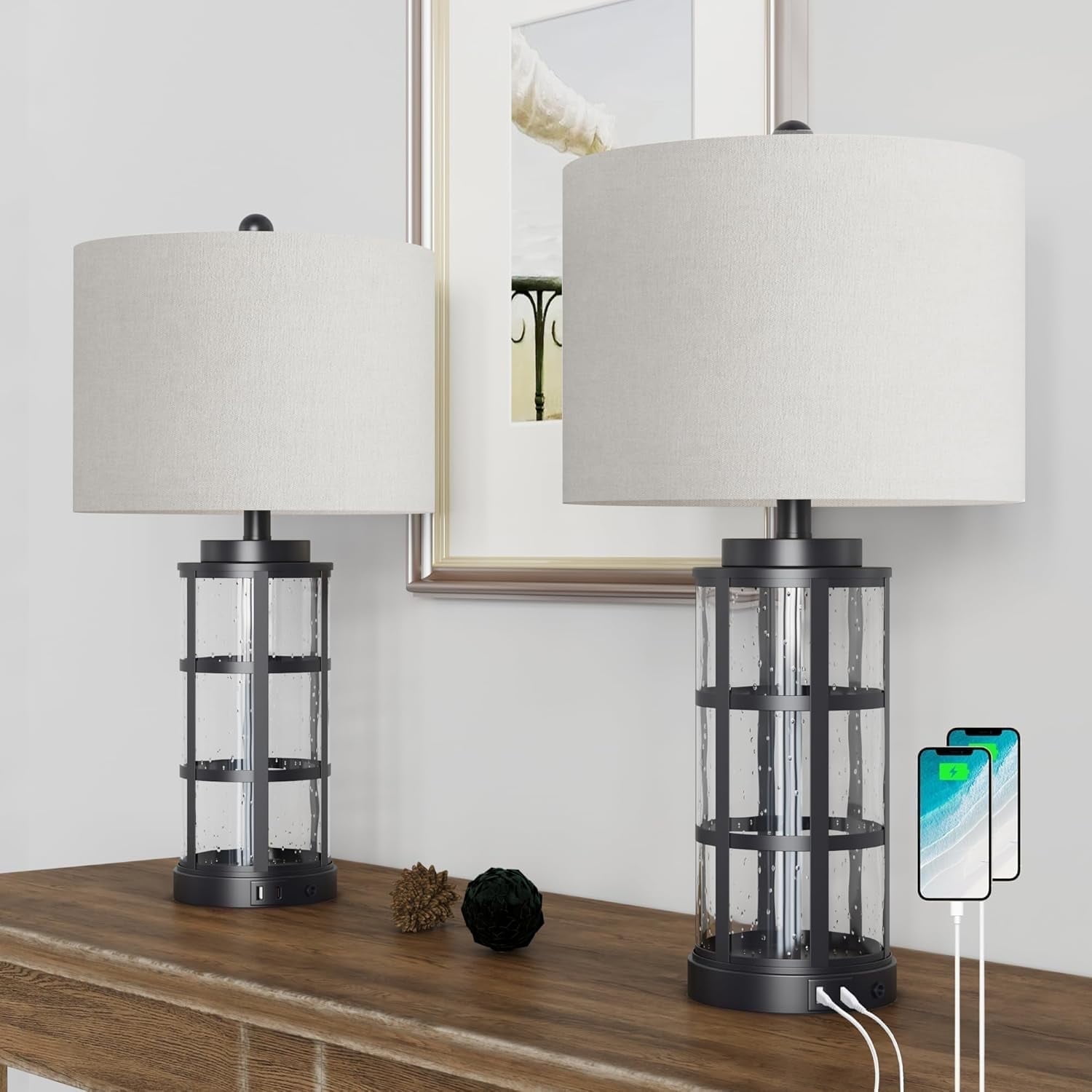 Maxax 25'' Glass Table Lamp Set of 2, Traditional Black Lamp sets with USB Port & Type C for Living Room Bedroom