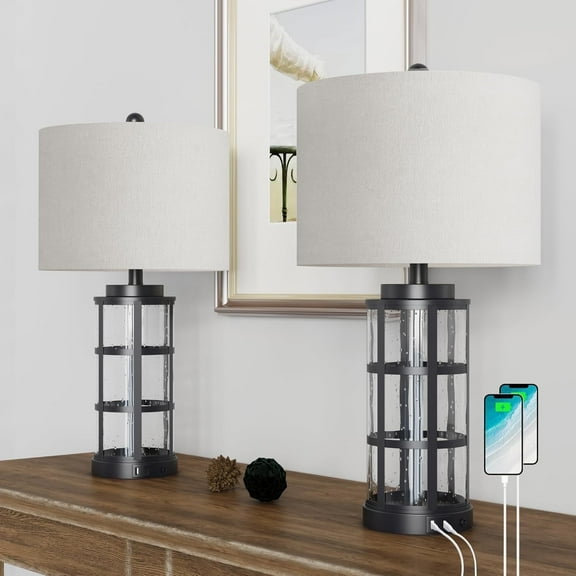 Maxax 25'' Glass Table Lamp Set of 2, Traditional Black Lamp sets with USB Port & Type C for Living Room Bedroom