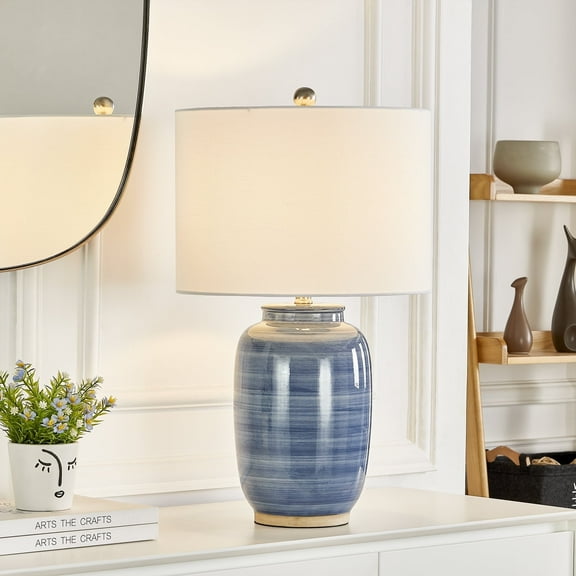 Maxax 25" Modern Blue Ceramic Beside Lamp with White Shade, Coastal Table Lamp for Living Room Bedroom