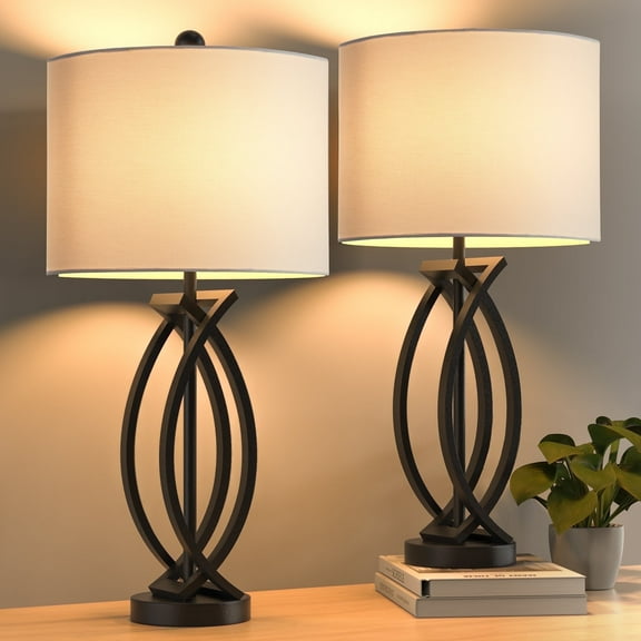 "Maxax 26"" Dimmable Industrial Table Lamps, Black Metal with White Shade, Set of 2 for Living Room, Bedroom, Office"