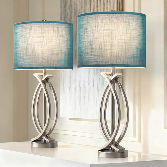Maxax 26" Dimmable Nickel Table Lamps with Blue Bamboo Fabric Shade, Set of 2 for Living Room, Bedroom, Office