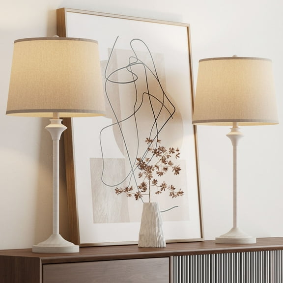 Maxax 26" Farmhouse Table Lamps Set of 2, Antique White Metal Buffet Lamps with Oatmeal Fabric Shades, Bedside Lamps for Living Room or Bedroom