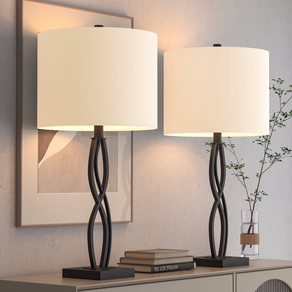 Maxax 26" Large Black Table Lamp Set of 2 – Modern Metal Nightstand Lamps with White Fabric Shades for Living Room, Bedroom, and Office