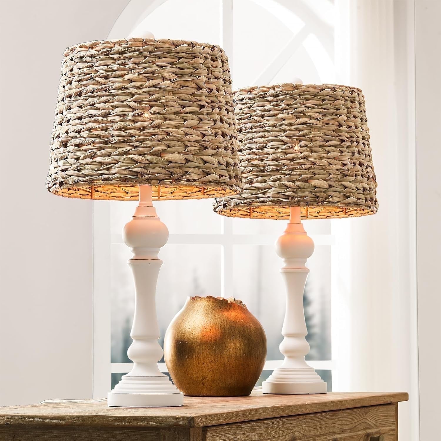 "Maxax 26"" Coastal Rattan Table Lamps, Set of 2 with Handwoven Seagrass Shade for Living Room or Bedroom"