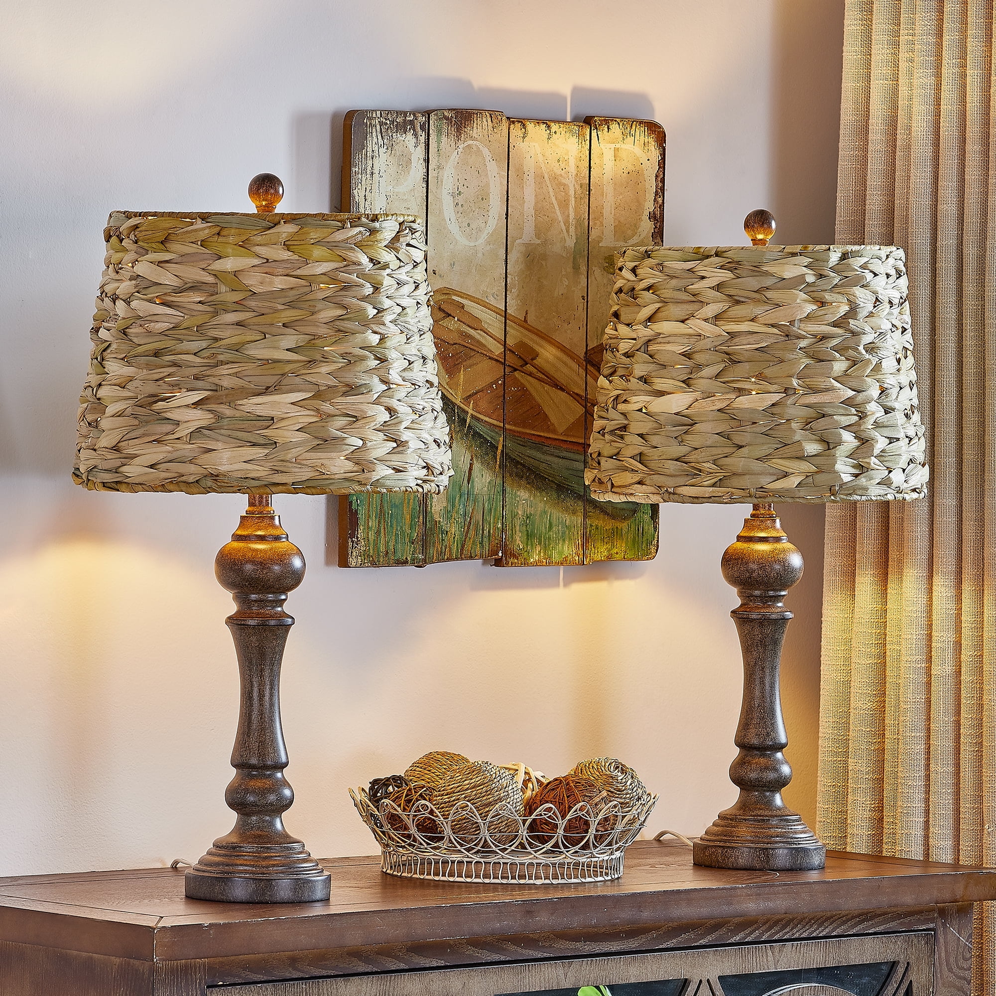 26" Black and Natural Resin Table Lamps Set with Woven Rattan Shades