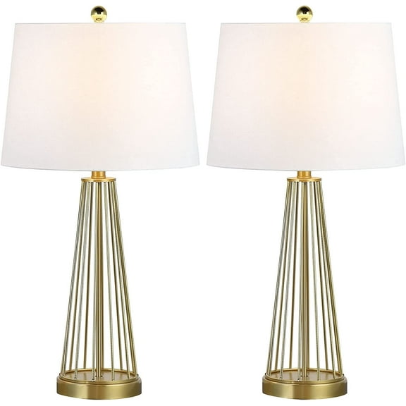 Maxax 27 Inch Table Lamps Set of 2, 3-Way Dimmable Brass Gold Nightstand Lamp, Industrial Bedside Light with White Fabric Shade for Living Room, Bedroom, Hollow Metal Style Base