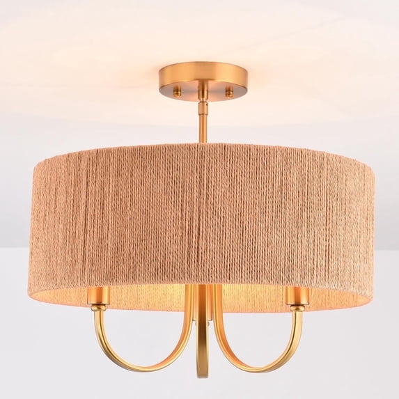 Maxax 3 - Lights 17.7" Drum Semi Flush Mount Ceiling Light, Boho Hand-Woven Caged Shade Ceiling Light for Living Room, Dining Room